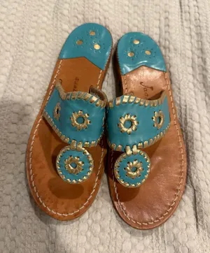 Jack Rogers Turquoise and Gold Leather Palm Beach Flat Sandals Size 6M thumbnail 1