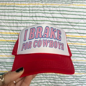I Brake For Cowboys Trucker Hat Red thumbnail 1
