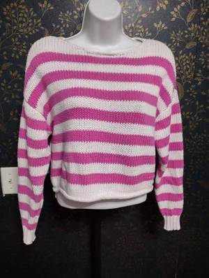 aerie Pink and White Striped Crewneck Sweater thumbnail 1