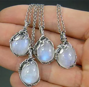 White Rainbow Moonstone Gemstone Silver Vintage Style Necklace- Pendant thumbnail 5
