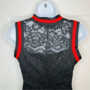 BAKU Fitted Black Lace Midi Dress Red Stripe Trim S thumbnail 9