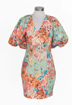 Jewel Badgley Mischka - Floral Puff-Sleeve Cocktail Dress thumbnail 1