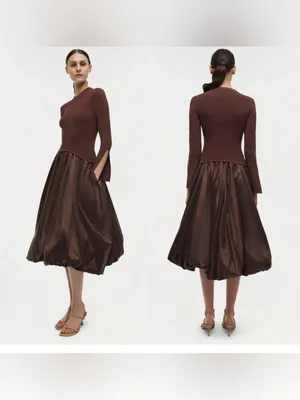 SIMKHAI Kenlie Ribbed Knit Bodice Taffeta Bubble Dress Brown Size Large NWOT thumbnail 2