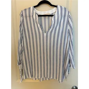 Michael Kors White and Navy Vertical Stripe V-Neck Tunic Women's Sz Large thumbnail 2