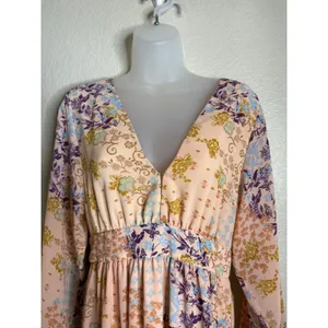 WAYF Small Maxi Dress Peach Floral Patchwork V Neck Bell Sleeve Tiered Boho Chic thumbnail 3