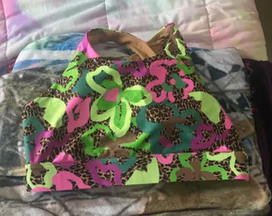 Fabletics Neon Green Pink Brown Leopard Floral Sports Bra thumbnail 1