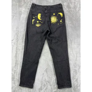 Womens M Graphic Yellow Sun Moon Stars Denim Black Straight Jeans Boho thumbnail 6