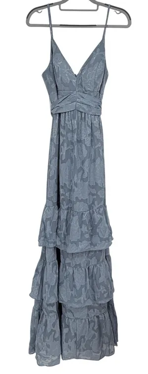 Azazie Nathalia Dusty Blue Floral Burnout Tiered Bridesmaid Maxi Dress A6 thumbnail 1