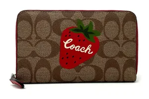 Coach Medium Id Zip Wallet Signature Canvas Wild Strawberry Khaki Red CH529 thumbnail 1