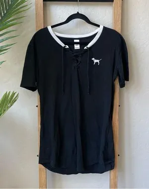 Victoria’s Secret PINK “Coffee Lover’s” Lace Up Short Sleeve Sleep Shirt/T-Shirt thumbnail 1