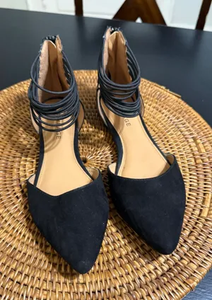 Rampage Pretty Black Pointed Toe Strappy Ankle Cage d'Orsay Flats Size 8.5 M thumbnail 1