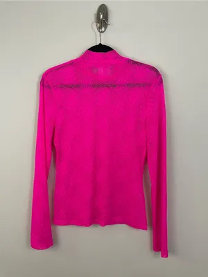 Anthropologie Bright Pink Floral Sheer Lace Long Sleeve Mock Neck Top Size Large thumbnail 7