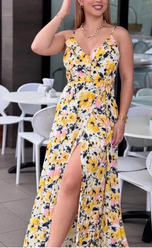 Olivia grey Yellow and Blue Ruched Maxi Sundress for Wedding Guests size M thumbnail 1