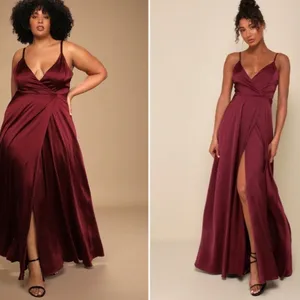 LULU's Prom Wedding Bridesmaid Burgundy Satin Thigh Slit Gown thumbnail 4