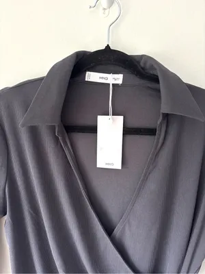 Mango Belinda Wrap Top Blouse V Neck Collared Charcoal Gray Ribbed NWT thumbnail 6