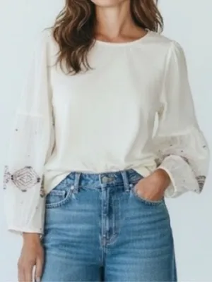 New Cost Plus World Market Cream Blouse Embroidered Sleeves sheer poof Sleeves thumbnail 1