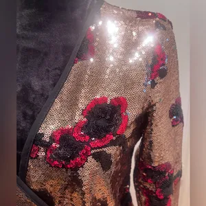 ZARA Gold with Red & Black Floral‎ Sequins Crossover Wrap Mini Dress Size XS thumbnail 10