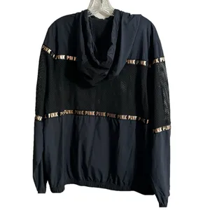 PINK Victorias Secret Zip Front Hooded Vented Jacket-Black/Gold-Polyester-SZ M/L thumbnail 6