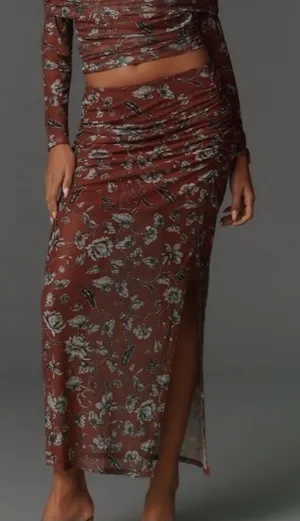 Anthropologie‎ Maeve The Aleda Mesh Ruched Maxi Skirt Brown Floral XS NWT thumbnail 1