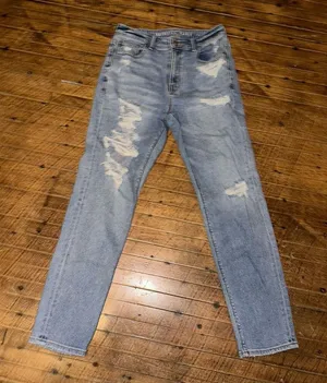 American Eagle light wash destroyed relaxed mom jeans thumbnail 1