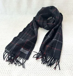 Burberry Vintage Blue Red White Nova Check Plaid Grid Cashmere Long Fringe Scarf thumbnail 1