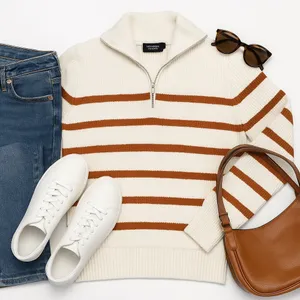 Monoprix Femme Ivory Rust Stripe Ribbed Half Zip Sweater XS French Knit Top Chic thumbnail 14