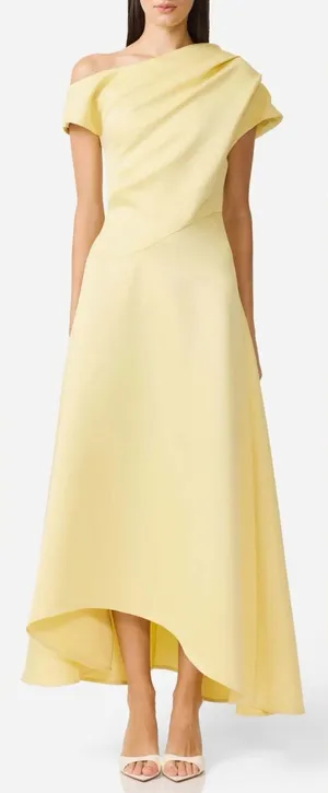NEW Elliatt Marissa One-Shoulder Asymmetric Hem Duchess Satin Yellow Gown Sz L thumbnail 1