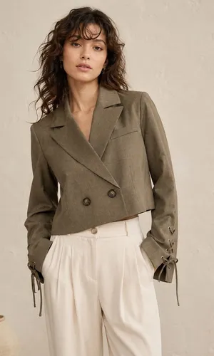 Miss Selfridge ASOS Cropped Blazer US 4 Taupe Double Breasted Lace Up Sleeves thumbnail 1