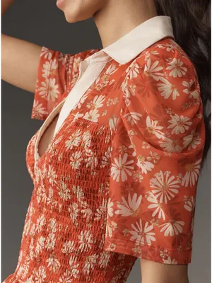 Anthropologie Maeve Short-Sleeve Smocked Polo Top thumbnail 3