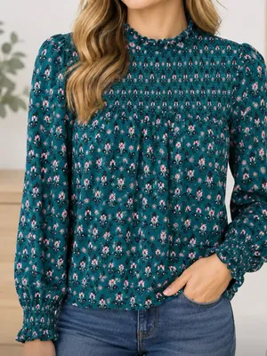 Boden Green Smocked Floral Blouse size 8 thumbnail 2