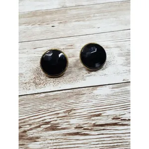 Vintage Clip On Earrings - Black Gem with Facets With A Gold Tone Halo thumbnail 2