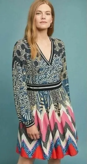 Maeve Anthropologie Sporty Chevron Dress Mixed Print Kantha Fit Flare Dress 8 thumbnail 1