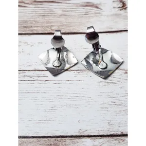Vintage Clip On Earrings - Silver Tone Diamond Shape with Design thumbnail 2