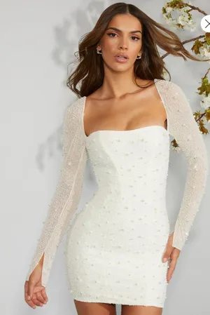 Oh Polly Long Sleeve Embellished Corset Mini Dress in Ivory thumbnail 2