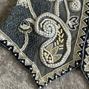 Ella Singh Vest Womens Large Beaded Sequins Silk Festival Boho Blue Cream Heavy thumbnail 5