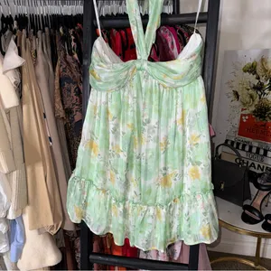 Lulus Radiantly Sweet Light Green and White Floral Halter Mini Dress thumbnail 3