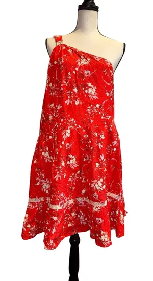 Free People All Mine Mini Red White Strapless Printed Dress one shoulder zip L thumbnail 1