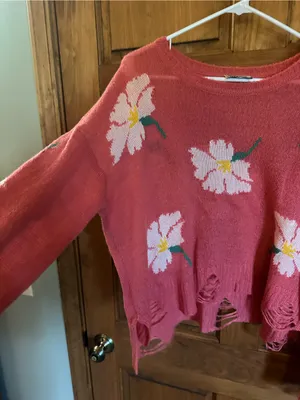 Show Me Your MuMu Coral Pink Floral Distressed Crewneck Sweater Size medium thumbnail 5