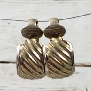 Vintage Clip On Earrings - Silver Tone Diagonal Line Hoops thumbnail 1