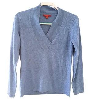 Saffron Womens 100% Cashmere V-Neck Sweater Light‎ Blue Long Sleeve Size Medium thumbnail 1