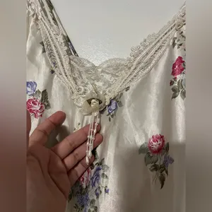 Vintage Floral Satin Slip Nightgown Lingerie Cottagecore pearl dangle midi dress thumbnail 4
