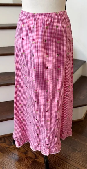 Vintage Y2K Midi Pink White Gingham Embroidered Flower Butterfly Slip Skirt thumbnail 1