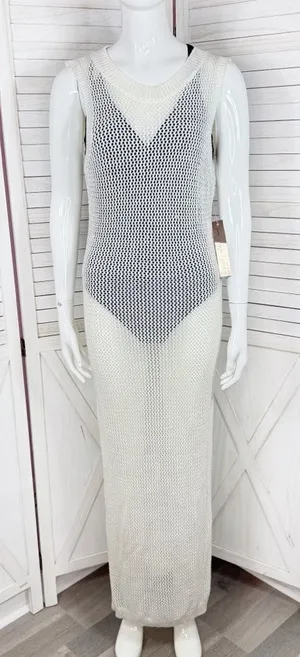 Almost Famous Sheer Crochet Open Back Beach Swim Cover‎ Maxi Dress Cream Medium thumbnail 1