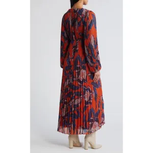 NWT Chelsea28 Floral Print Pleated Long Sleeve Dress Rust Blue Floral Sz XS $149 thumbnail 2