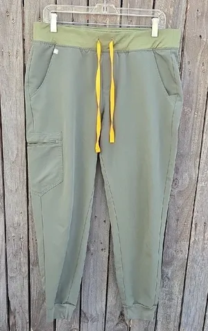 Figs Women's Olive Joggers with Yellow Drawstring thumbnail 1