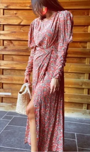 Zara FLORAL PRINTED DRAPED MIDI Flowy DRESS Long Sleeve Puff Shoulders Sz XS NEW thumbnail 5