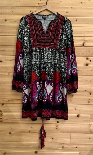 Angie Large Bohemian Long Sleeve Belted Notch Neckline Mini Dress Fall Biho thumbnail 1
