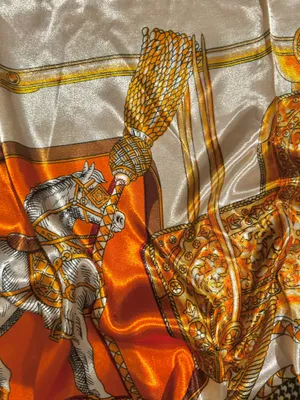 VINTAGE Equestrian ivory/ORANGE Horses&Tassels Print silky Scarf 35’/35’ thumbnail 8