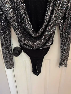Lulus Shimmering Love Grey Sequined Cowl Back Bodysuit thumbnail 11