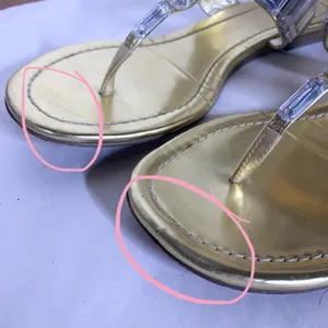 Express Gold Faux Leather With Clear Plastic Crystals Thong Sandals (8) thumbnail 9